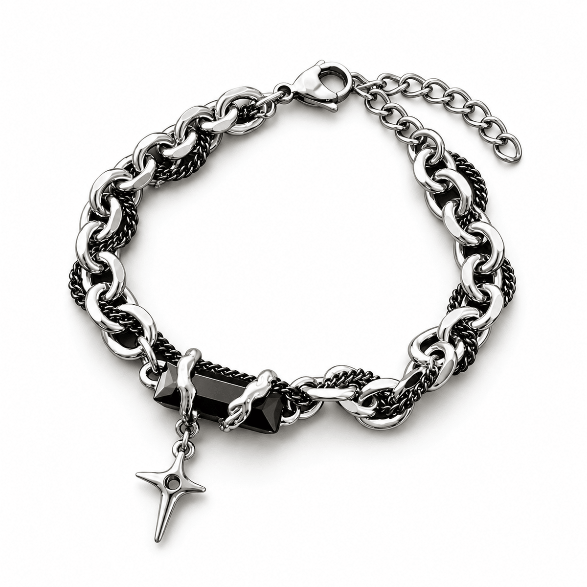 Black & Silver Gothic Chain Bracelet with Cross Star Charm | Gothic Accessories by DRIPNOIR