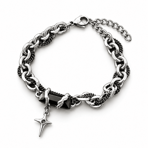 Black & Silver Gothic Chain Bracelet with Cross Star Charm | Gothic Accessories by DRIPNOIR