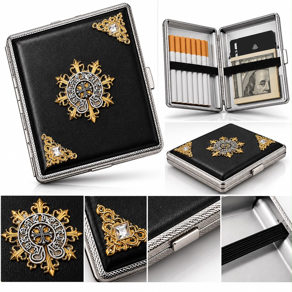 Vintage Gothic Metal Cigarette Case – Black & Gold Ornate Design