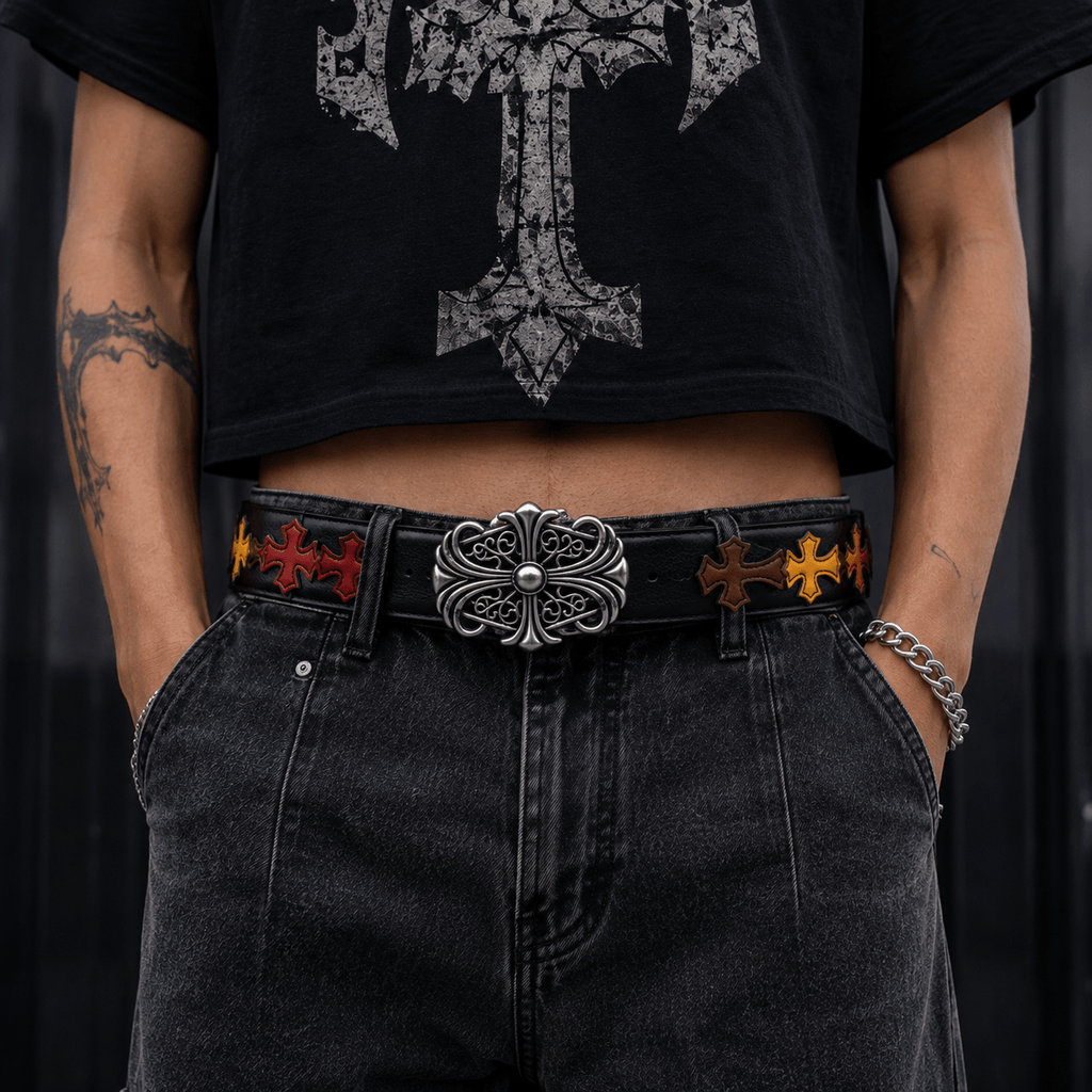 Designer Gothic Leather Belt with Cross Buckle | Unisex | Gothic Accessories by DRIPNOIR