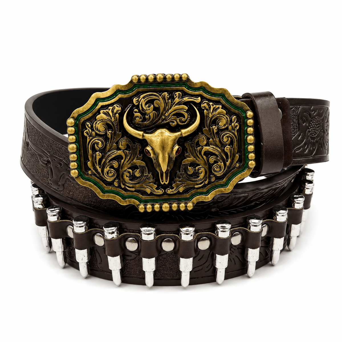 Frontier Bull Skull Bullet Leather Belt – Premium Western Gothic Belt | Gothic Accessories by DRIPNOIR