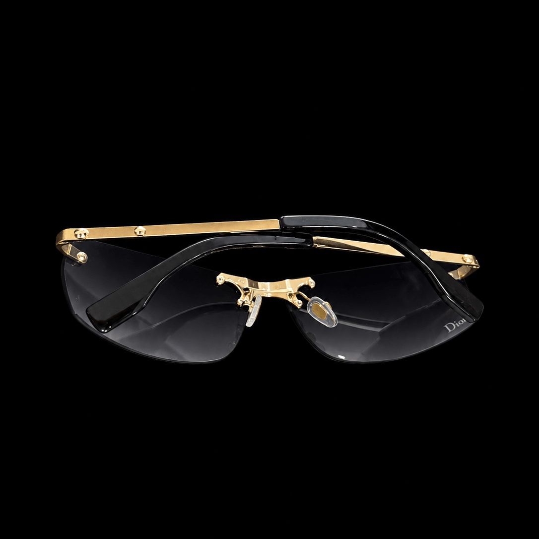 Gold Rimless Shield Sunglasses – Black Gradient Lens & Star Detail | Gothic Accessories by DRIPNOIR