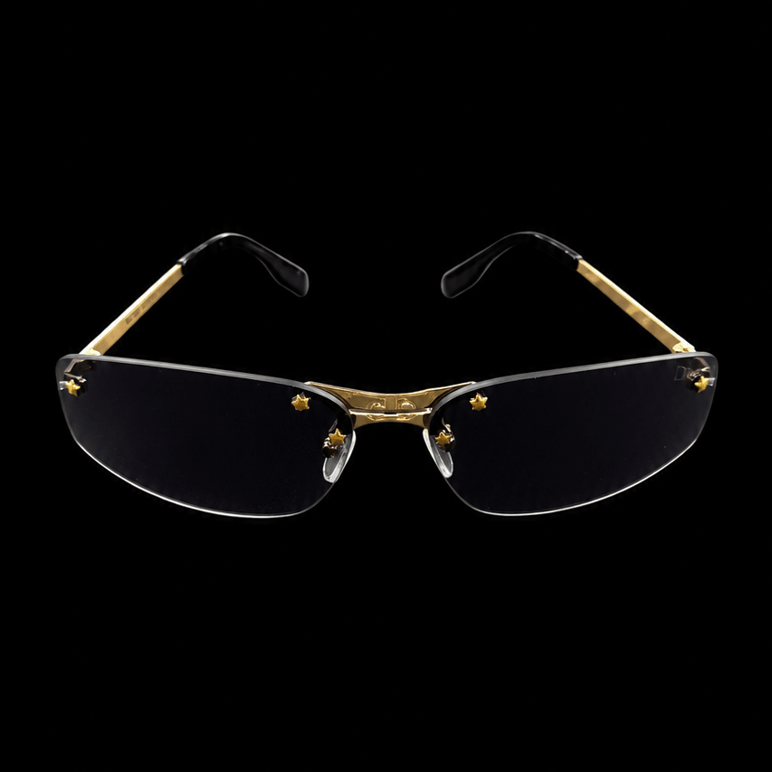 Gold Rimless Shield Sunglasses – Black Gradient Lens & Star Detail | Gothic Accessories by DRIPNOIR