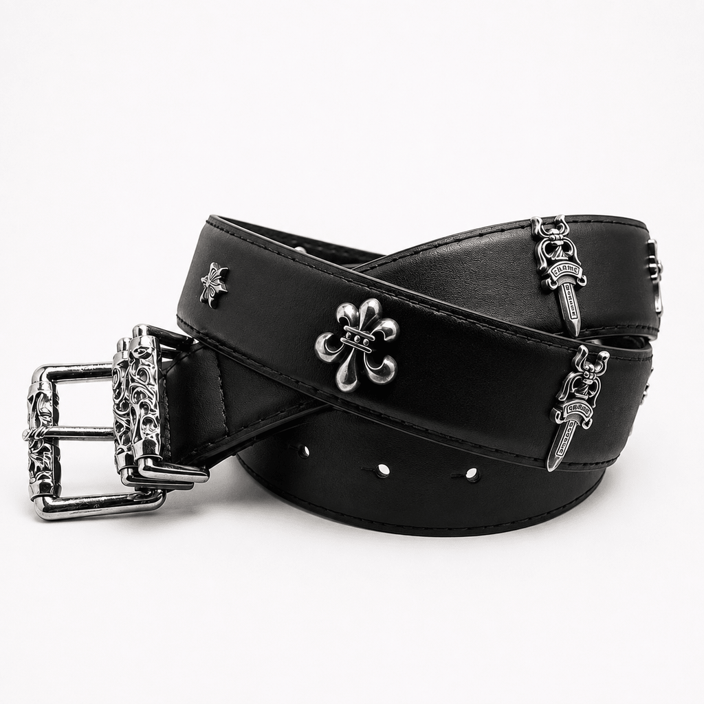 Gothic Cross Leather Belt with Engraved Silver Buckle | Premium Black Streetwear Belt | Gothic Accessories by DRIPNOIR