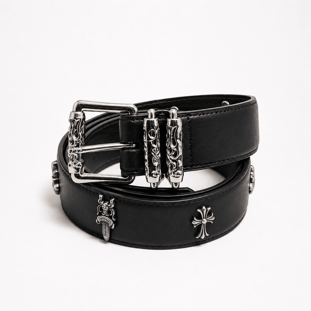 Gothic Cross Leather Belt with Engraved Silver Buckle | Premium Black Streetwear Belt | Gothic Accessories by DRIPNOIR