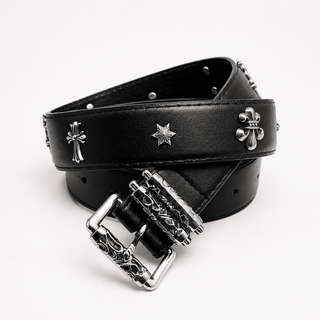 Gothic Cross Leather Belt with Engraved Silver Buckle | Premium Black Streetwear Belt | Gothic Accessories by DRIPNOIR