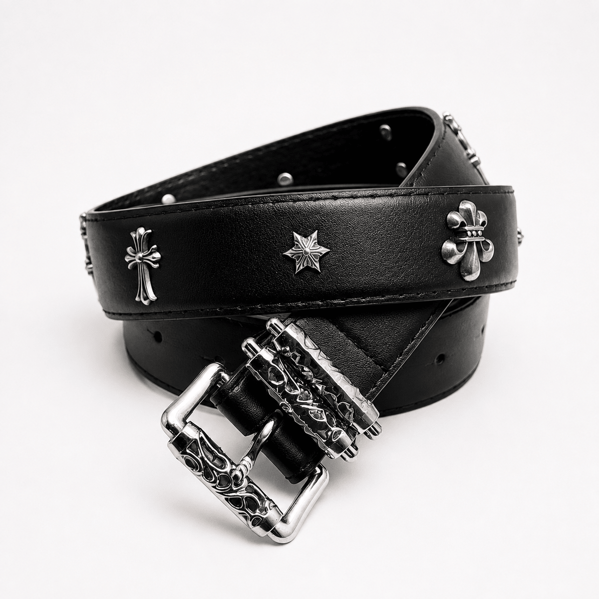 Gothic Cross Leather Belt with Engraved Silver Buckle | Premium Black Streetwear Belt | Gothic Accessories by DRIPNOIR