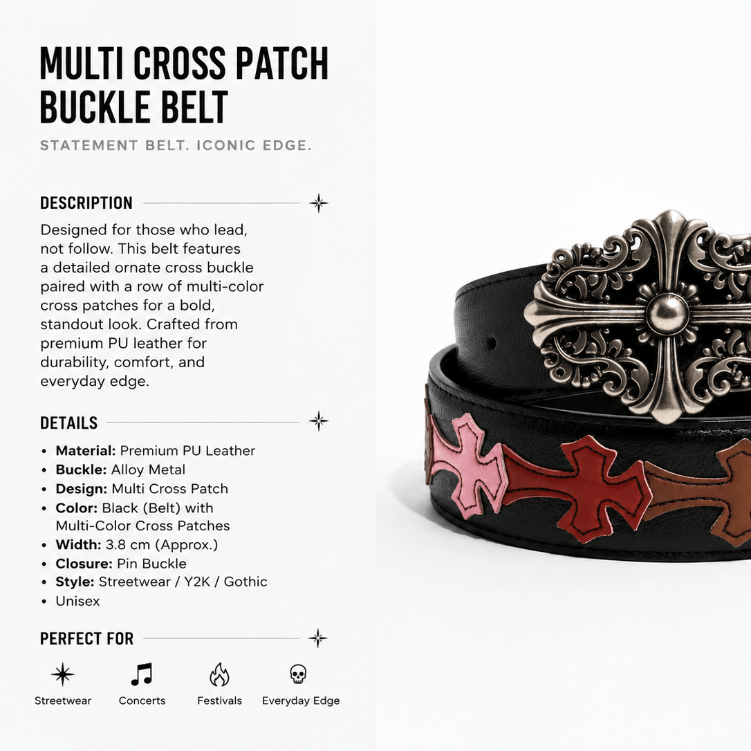 Gothic Multi Cross Patch Leather Belt | Gothic Accessories by DRIPNOIR