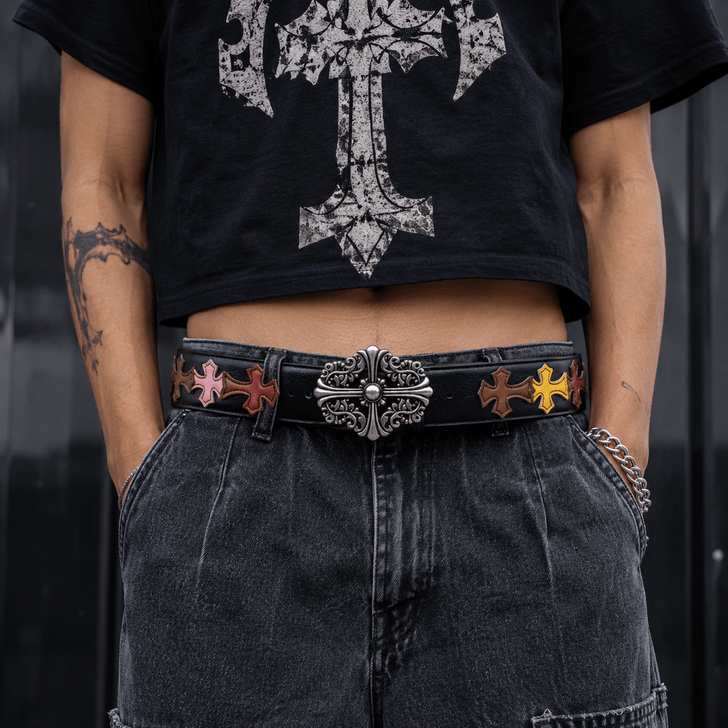 Gothic Multi Cross Patch Leather Belt | Gothic Accessories by DRIPNOIR