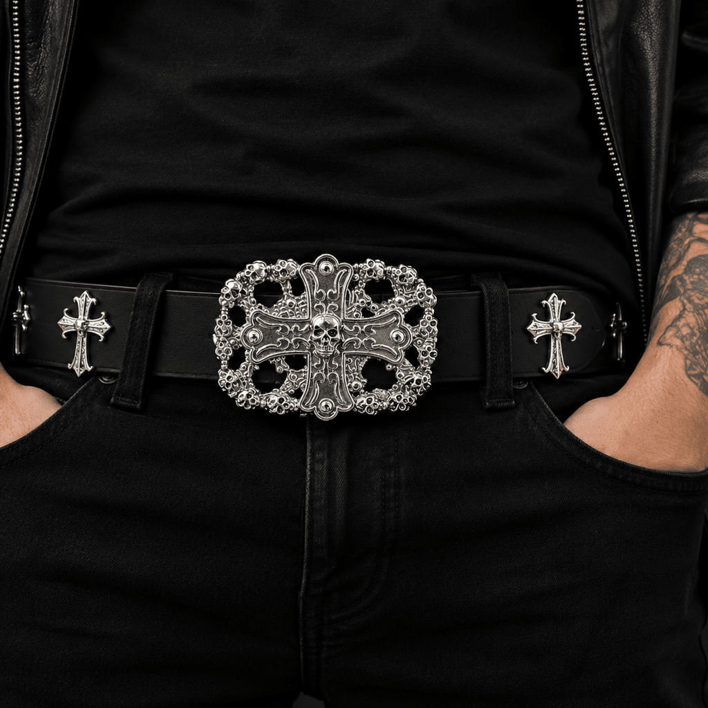 Gothic Skull Cross Leather Belt for Men & Women | Black Punk Streetwear Belt | | Gothic Accessories by DRIPNOIR