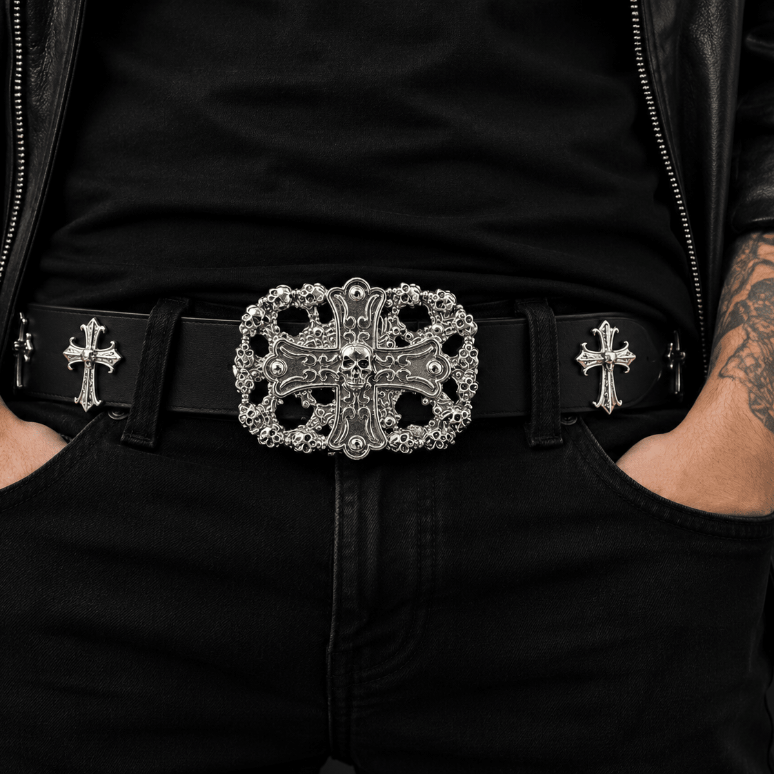 Gothic Skull Cross Leather Belt for Men & Women | Black Punk Streetwear Belt | | Gothic Accessories by DRIPNOIR