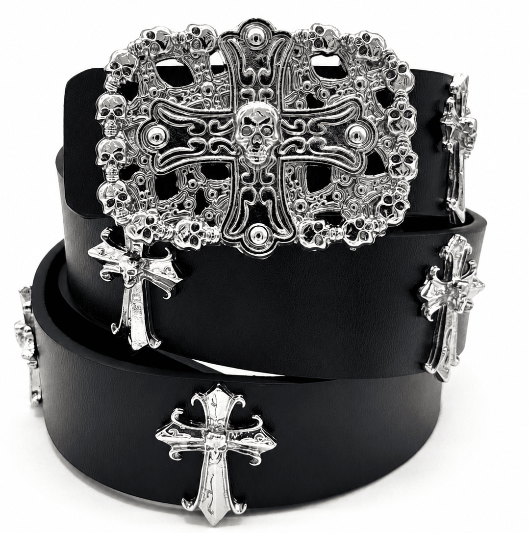 Gothic Skull Cross Leather Belt for Men & Women | Black Punk Streetwear Belt | | Gothic Accessories by DRIPNOIR