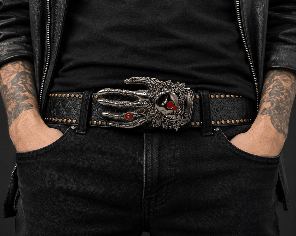 Gothic Skull Hand Leather Belt – Premium Studded Black Streetwear Belt | Gothic Accessories by DRIPNOIR