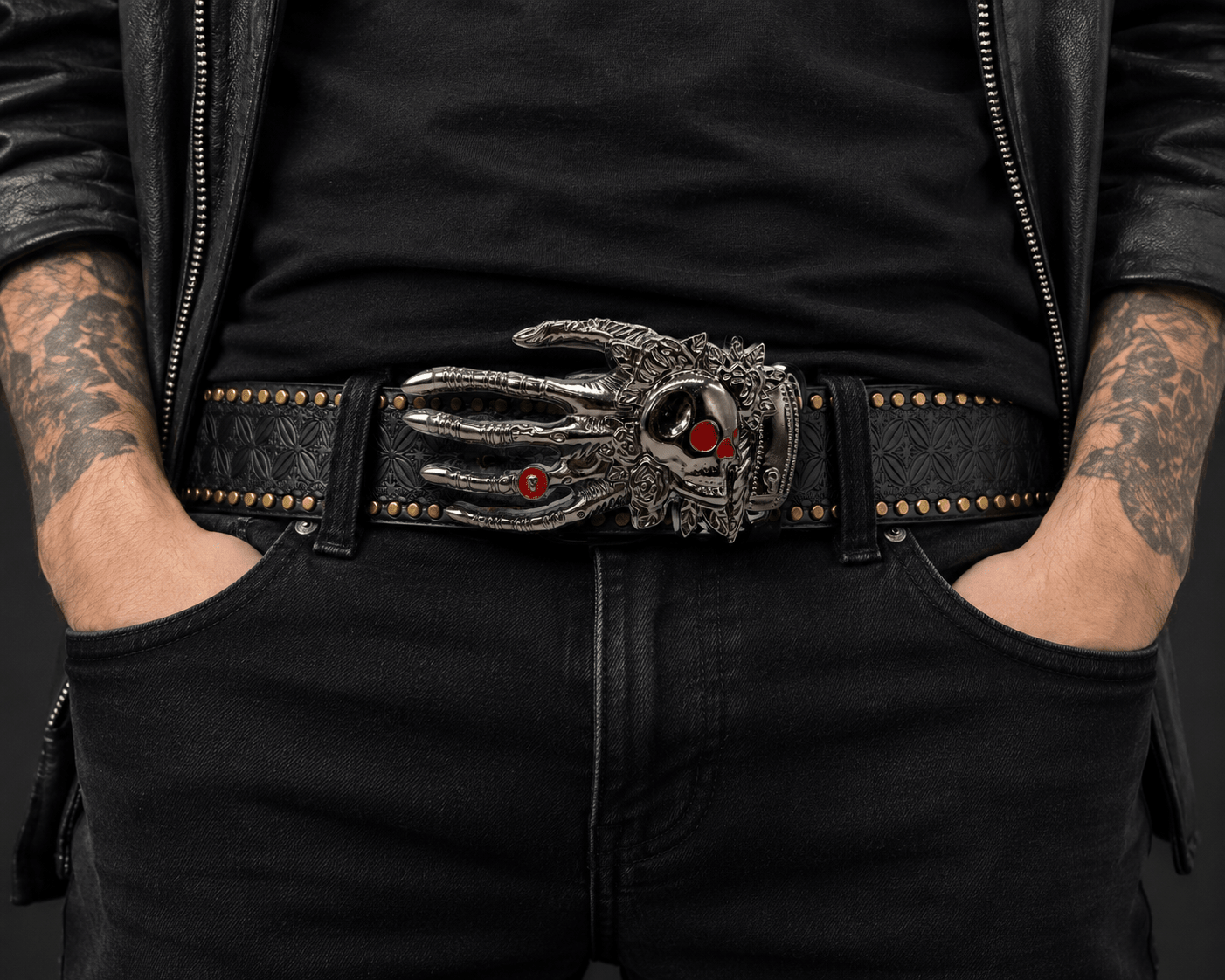 Gothic Skull Hand Leather Belt – Premium Studded Black Streetwear Belt | Gothic Accessories by DRIPNOIR