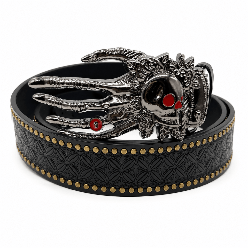 Gothic Skull Hand Leather Belt – Premium Studded Black Streetwear Belt | Gothic Accessories by DRIPNOIR