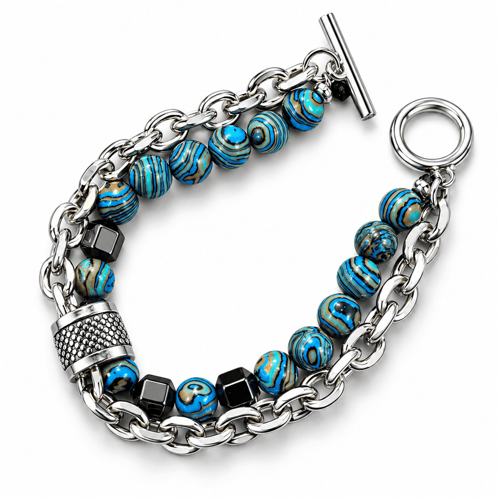Men’s Blue Turquoise Beaded Silver Chain Bracelet – Gothic Streetwear Jewellery | Gothic Accessories by DRIPNOIR