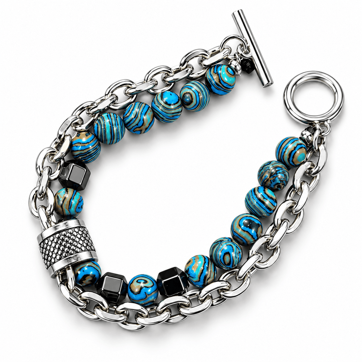 Men’s Blue Turquoise Beaded Silver Chain Bracelet – Gothic Streetwear Jewellery | Gothic Accessories by DRIPNOIR