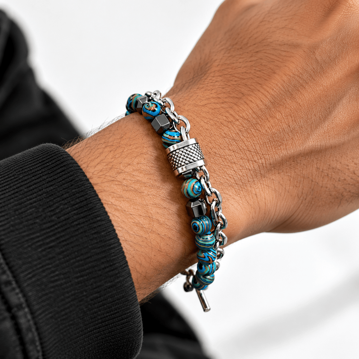 Men’s Blue Turquoise Beaded Silver Chain Bracelet – Gothic Streetwear Jewellery | Gothic Accessories by DRIPNOIR