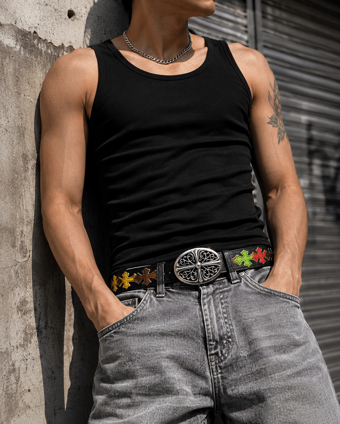 Multicolor Cross Embossed Leather Belt | Gothic Accessories by DRIPNOIR
