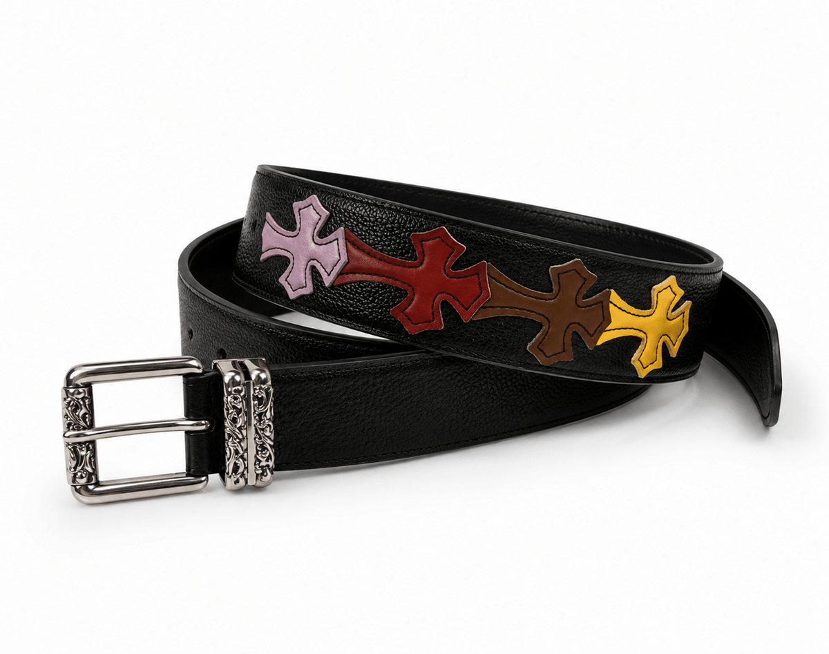 Multicolor Gothic Cross Leather Belt – Streetwear Punk Designer Style | Gothic Accessories by DRIPNOIR