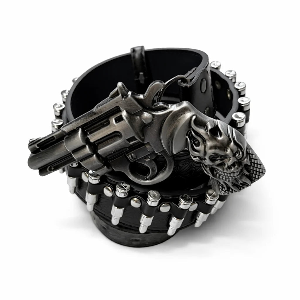 Outlaw Skull Revolver Bullet Leather Belt – Gothic Statement Belt | Gothic Accessories by DRIPNOIR