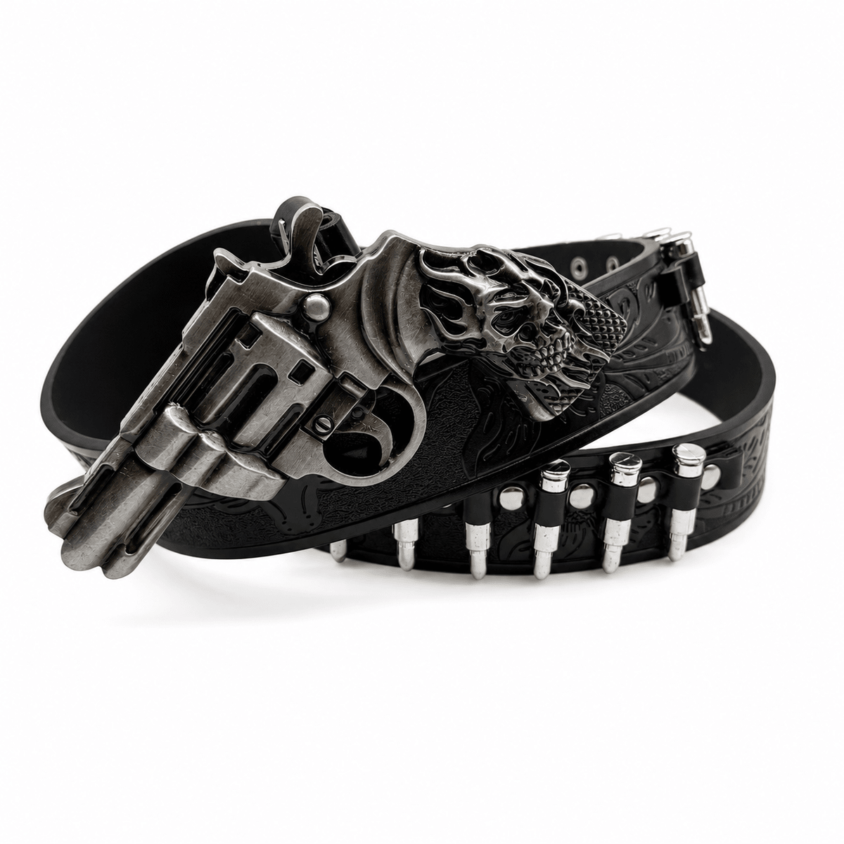 Outlaw Skull Revolver Bullet Leather Belt – Gothic Statement Belt | Gothic Accessories by DRIPNOIR