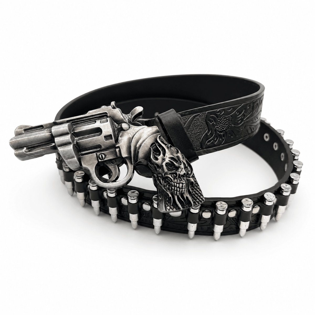 Outlaw Skull Revolver Bullet Leather Belt – Gothic Statement Belt | Gothic Accessories by DRIPNOIR