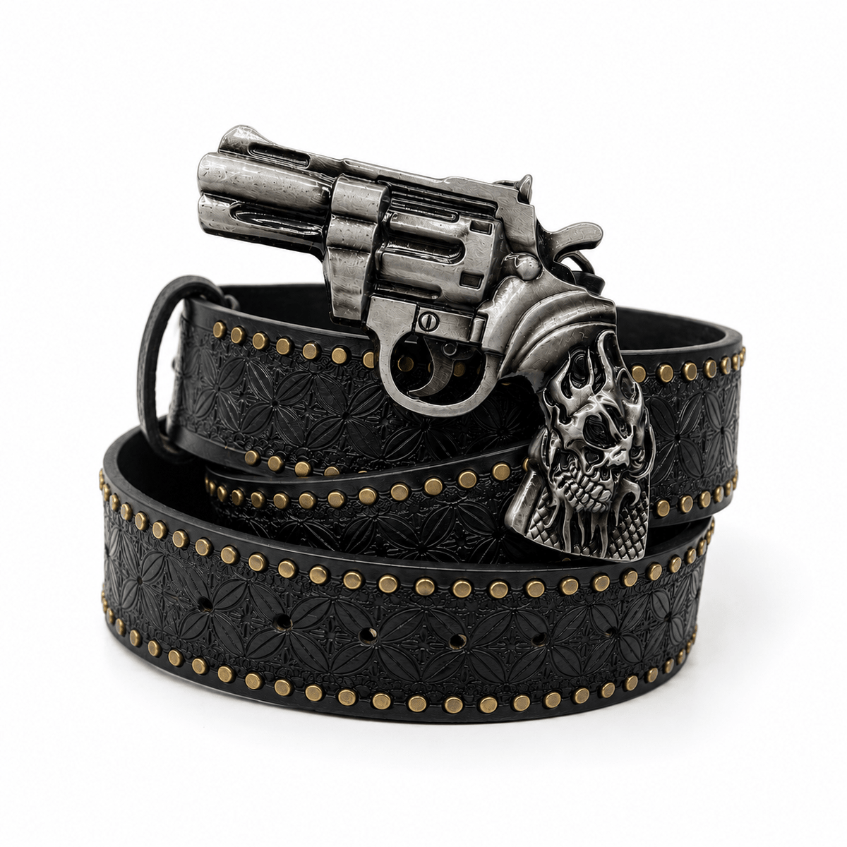 Outlaw Skull Revolver Leather Belt – Premium Gothic Streetwear Belt | Gothic Accessories by DRIPNOIR