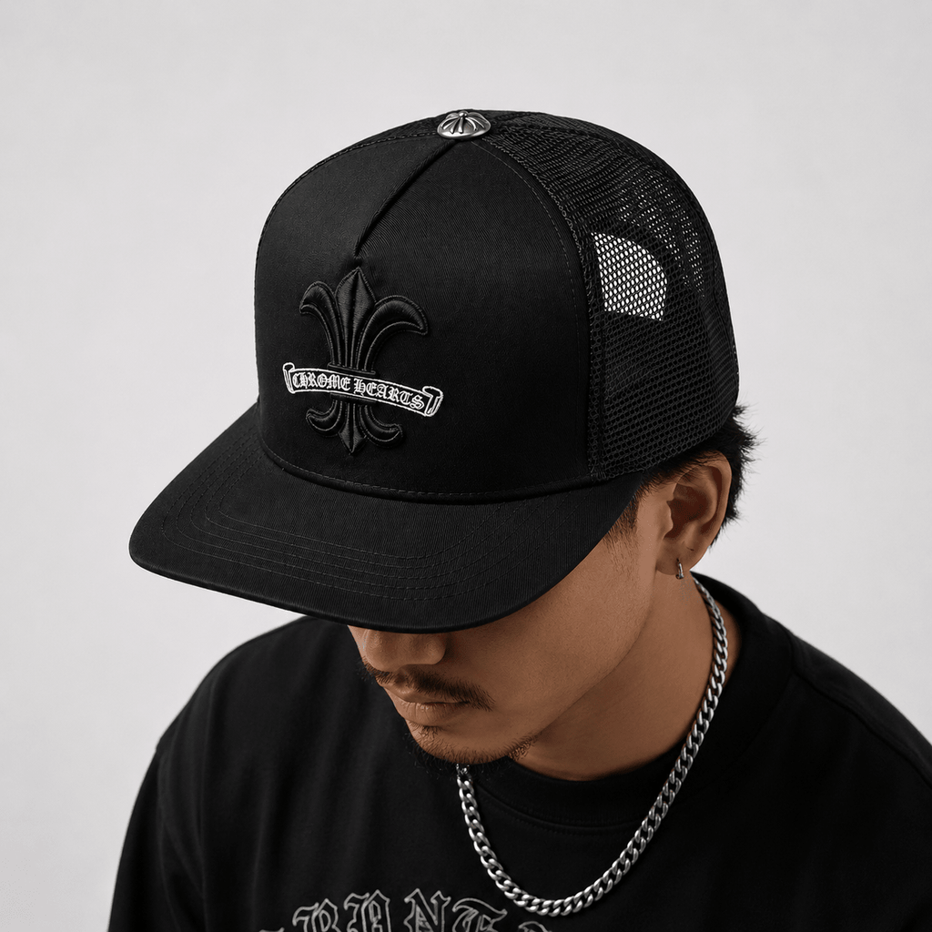 Premium Fleur Cross Trucker Cap – Black Gothic Snapback | Gothic Accessories by DRIPNOIR