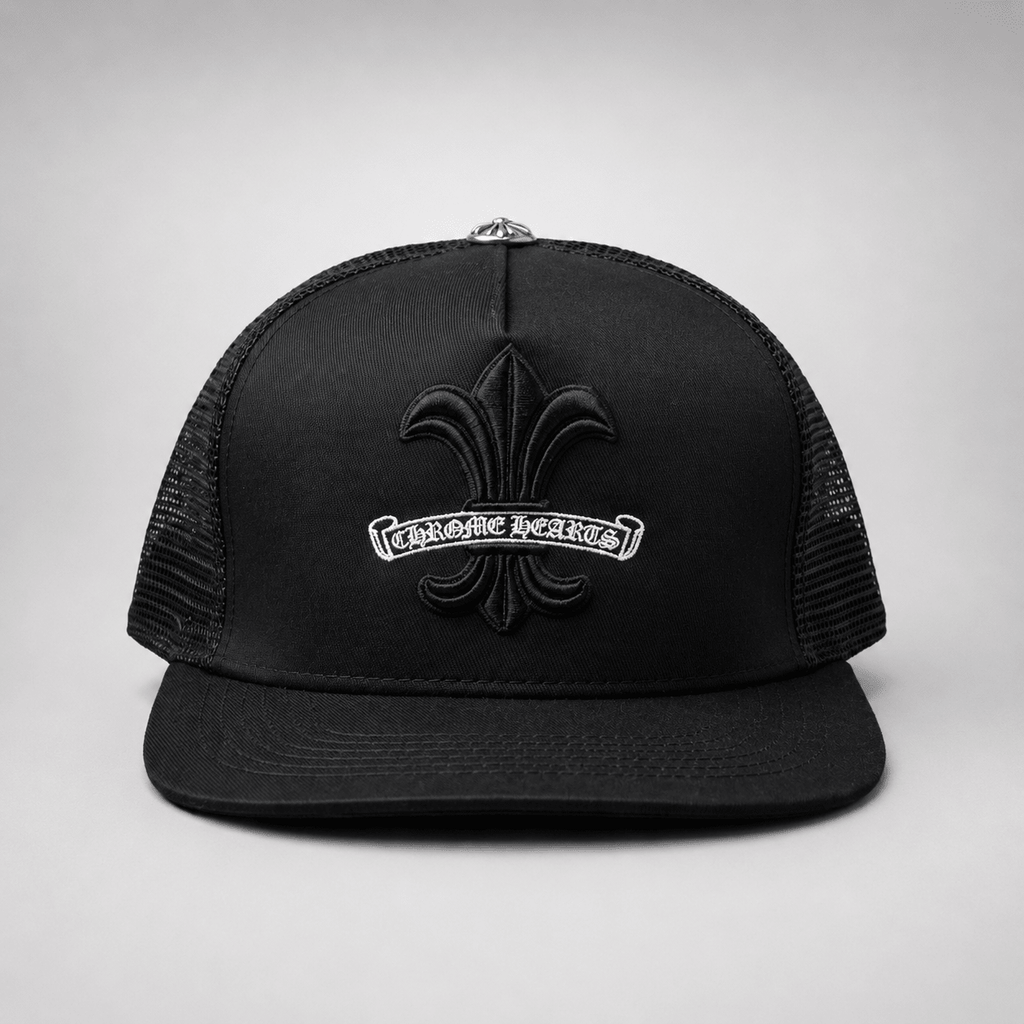 Premium Fleur Cross Trucker Cap – Black Gothic Snapback | Gothic Accessories by DRIPNOIR