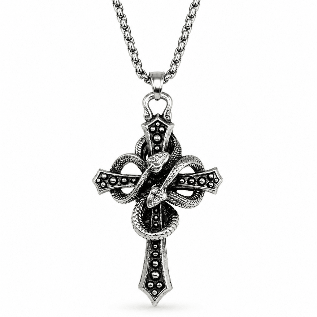 Silver Serpent Cross Pendant Necklace | Gothic Accessories by DRIPNOIR