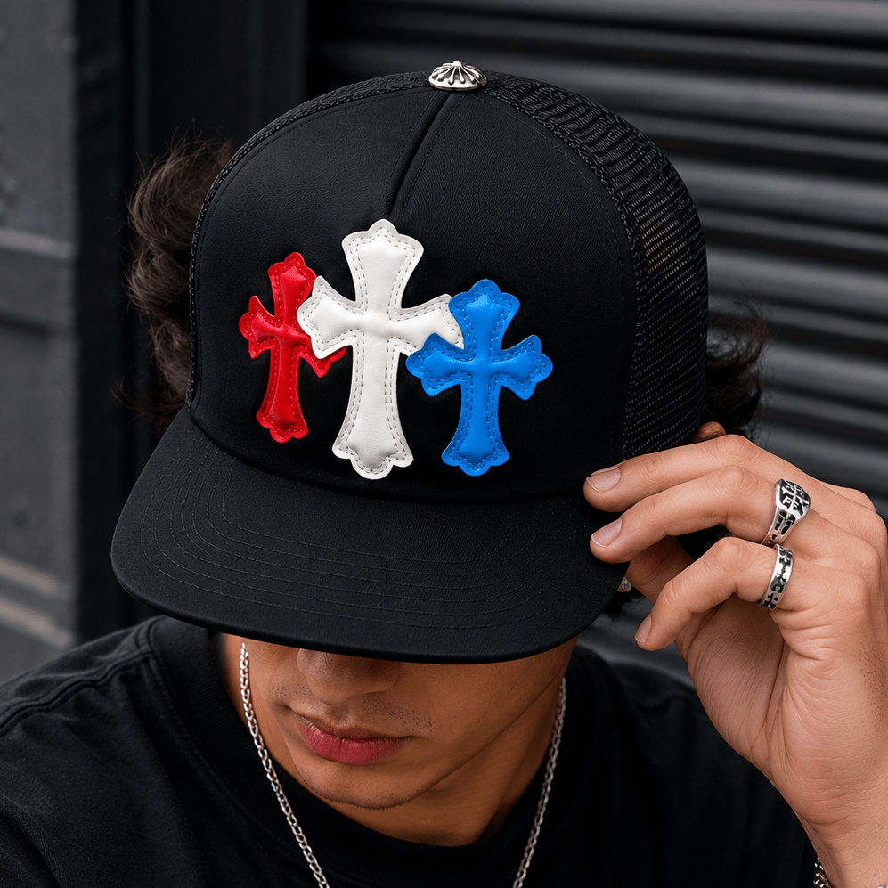 Tricolor Gothic Cross Black Trucker Cap | Gothic Accessories by DRIPNOIR
