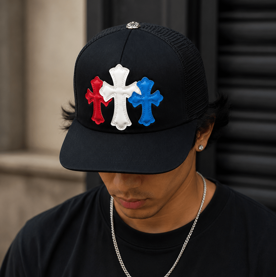 Tricolor Gothic Cross Black Trucker Cap | Gothic Accessories by DRIPNOIR