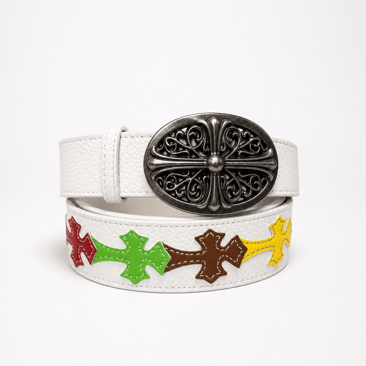 White Multicolor Cross Embossed Leather Belt | Gothic Accessories by DRIPNOIR